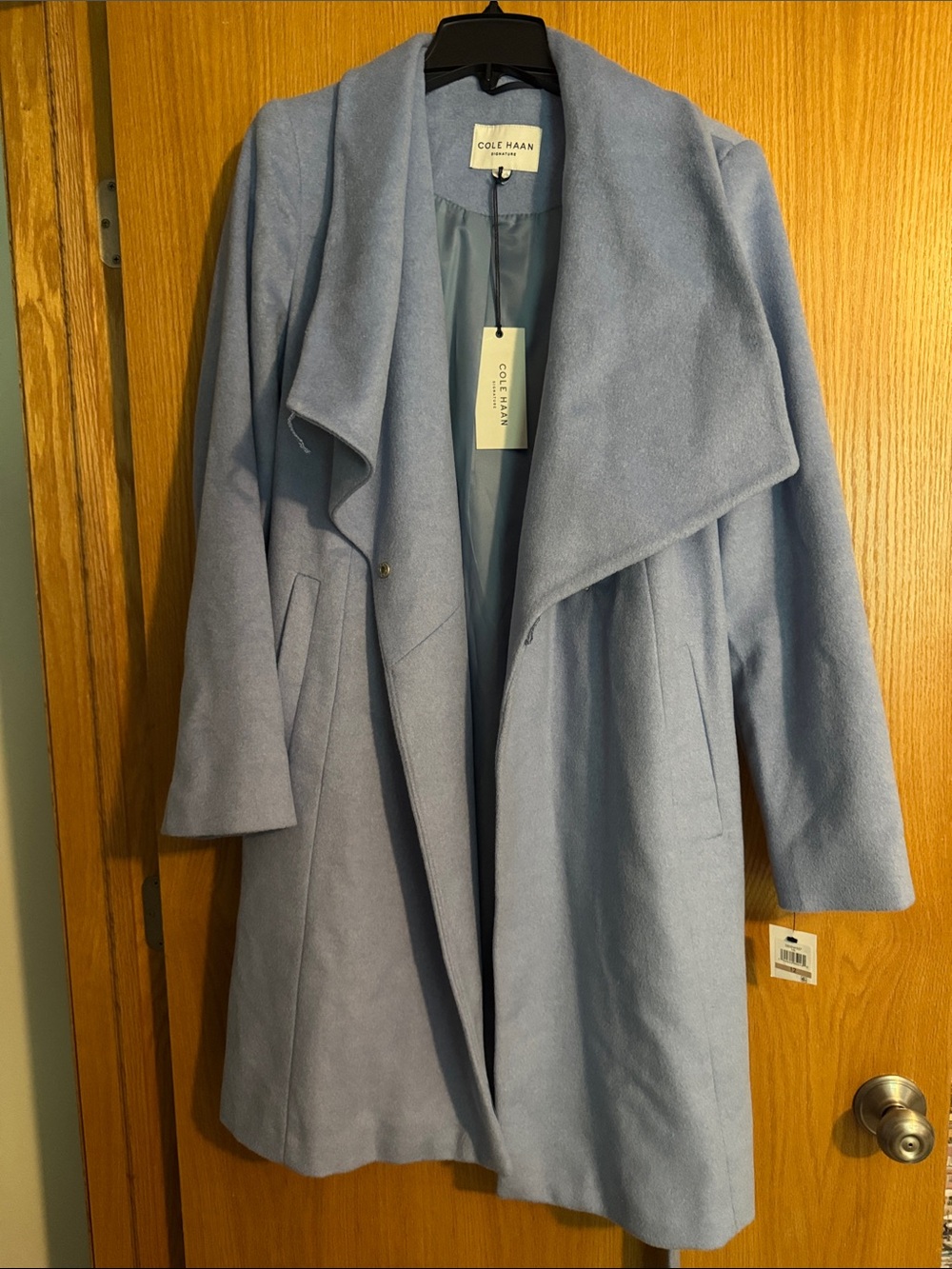 Cole Haan Light Blue Draped Wool-Blend Trench Coat